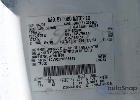 2005 Ford F-150 Stx/Xl/Xlt z USA, uszkodzony, nr VIN 1FTRF12W05NB86548